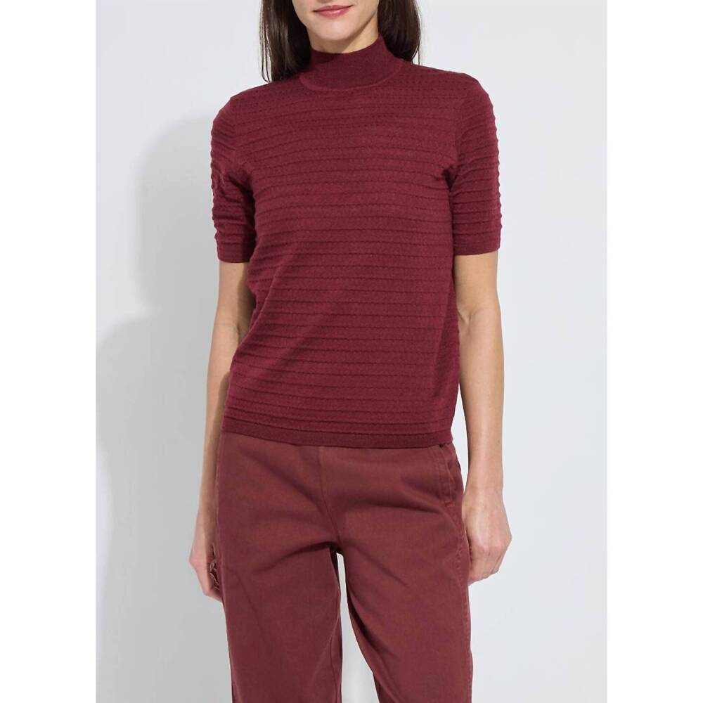 NEW LYSSE lottie smocked mock short sleeve sweater in burnt mahogany